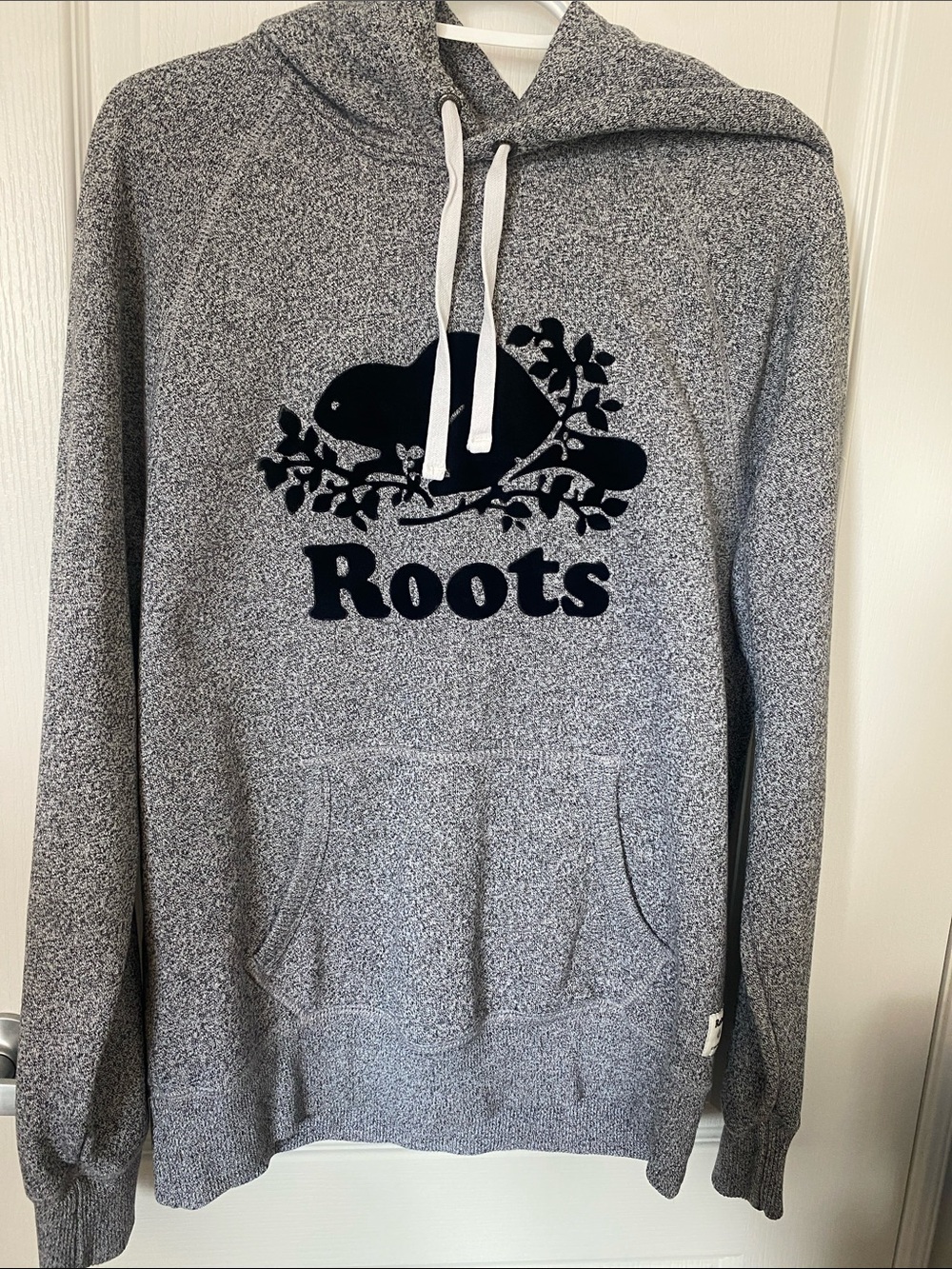 Roots Men’s Gray Hoodie Sweater with Navy Logo